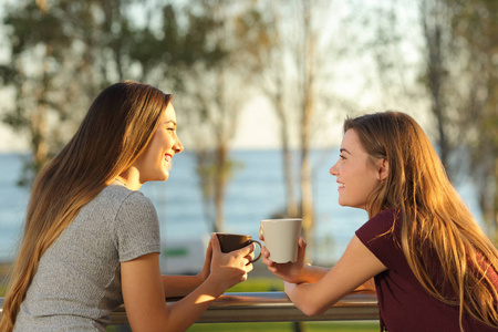 两个快乐的朋友在阳台上聊天照片