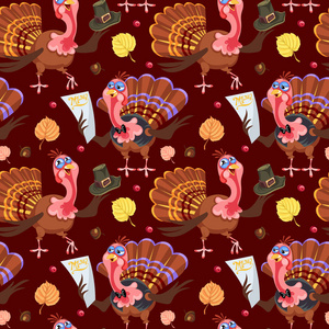 无缝图案卡通感恩节火鸡字符与收获, 叶子, 橡子, 玉米, 秋天假日鸟向量插图背景为织品纺织品或包裹