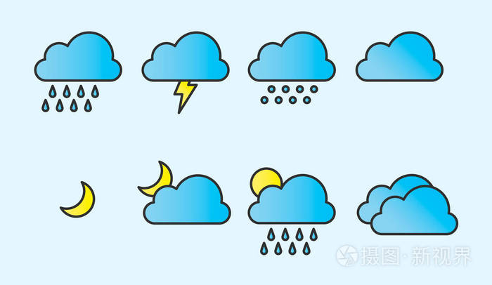 现代和简单的平面矢量插图的天气图标的灯光背景下天气预报.