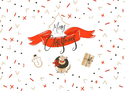 手绘矢量圣诞购物时间卡通图形简单的问候插画标志设计与狗, 惊喜礼物 boxe 和书法圣诞快乐孤立在白色背景