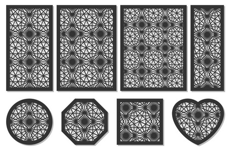 一组要剪切的纸牌。激光切割用矢量板。比例 12, 23, 34, 13, 圆形, 八角, 方形, 心脏。用几何图案切割轮