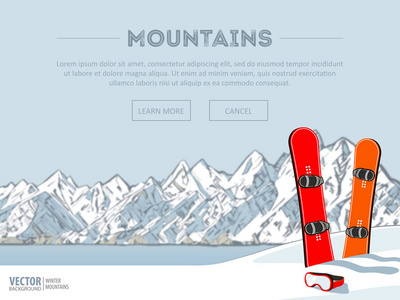 冬季运动对象。两个红滑雪板山在冬天季节。滑雪胜地季节开放。滑雪缆车冬季网页横幅设计。矢量背景