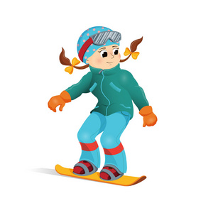 滑稽的体育快乐滑稽的女孩滑雪板下坡, 冬天体育照片