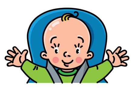 滑稽的小婴孩在汽车位子用张开的胳膊照片