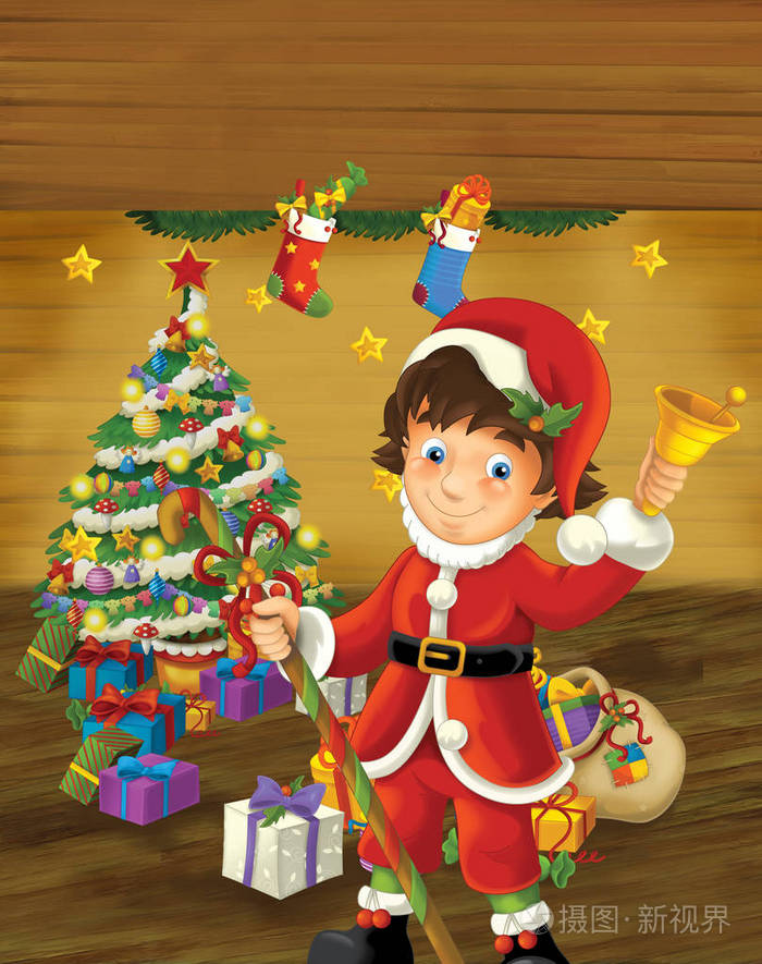 卡通场景，男孩打扮成圣诞老人，在有圣诞树的房间里，为孩子们提供五颜六色的插图