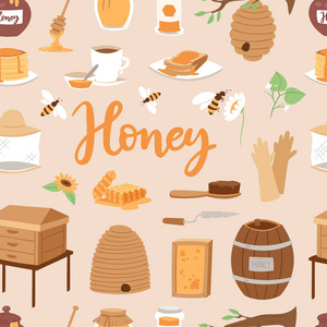 养蜂蜂蜜农场矢量插图养蜂 honecomb 罐子天然有机甜昆虫 honied 蜂蜡蜜蜂窝养蜂机无缝模式背景