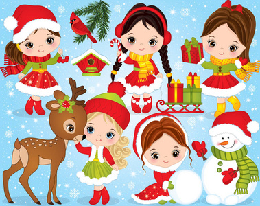 矢量圣诞和新年套装可爱的小女孩和冬季节日元素