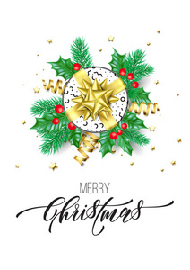 圣诞快乐手绘书法文字为贺卡背景设计模板。矢量粉红色礼物圣诞树冬青花环装饰和金色丝带五彩纸屑
