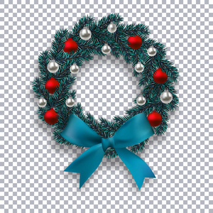 一个蓝色的云杉树枝, 形状是一个带有阴影的圣诞花环。蓝色的蝴蝶结, 银色和红色的球在格子的背景。图