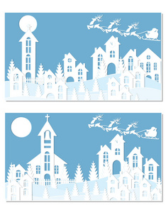 新年圣诞节。圣诞老人和鹿的形象。雪, 月亮, 树, 房子, 教堂。两幅风景画是从白纸上剪下来的。图