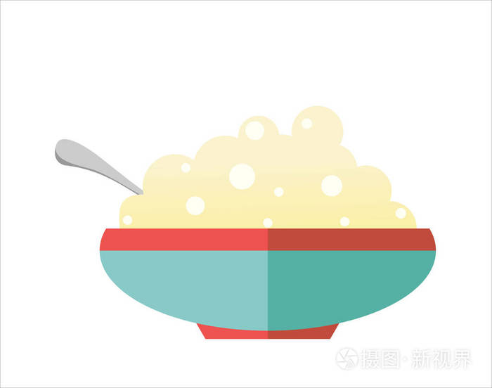 带粥和勺子的碗图标，矢量插图
