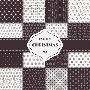 圣诞图案设置白色黑颜色由雪花, 玩具, 礼物, 树组成