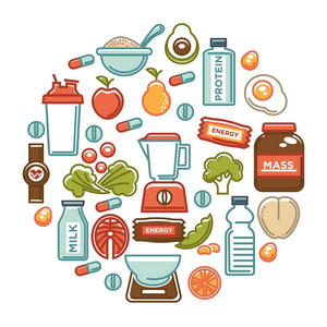 健身食品海报的运动健康饮食食品营养图标。 蛋白质饮料天然蔬菜或水果健身房能量棒减肥丸和膳食补充剂的矢量平面设计