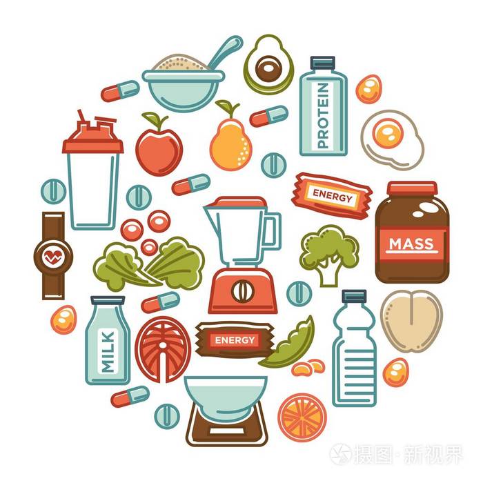 健身食品海报的运动健康饮食食品营养图标蛋白质饮料天然蔬菜或水果