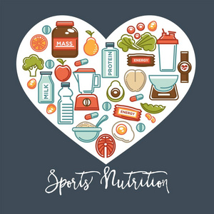 健身健康食品心脏海报运动饮食食品营养和膳食补充图标。 含载体蛋白饮料天然蔬菜或水果低热量减肥丸和碳水化合物谷类食品