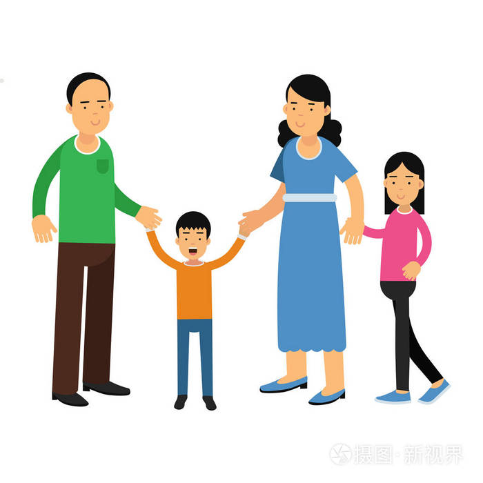 幸福的父母站在他们的儿子和女儿, 幸福的家庭概念矢量插图