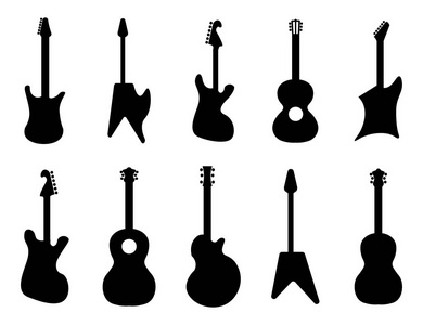 吉他剪影。摇滚, 音响, 电吉他。黑色剪影吉他, 音乐弦吉他的例证在白色背景