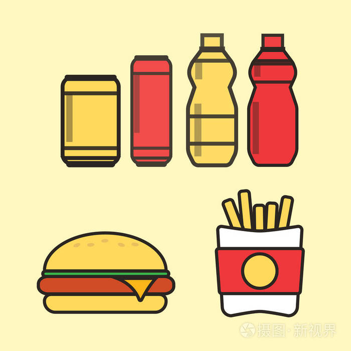快餐小吃和饮料平面矢量图标。快餐图标。s