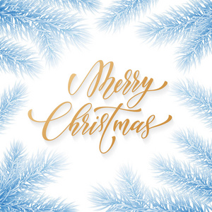 圣诞时尚黄金报价书法字体蓝色冰冻冰背景冬季假期设计模板。矢量圣诞树为分支花圈装饰和金黄新年刻字