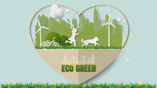 绿色可再生能源生态技术节能环保理念, 女孩在城市公园里奔跑和抱着狗气球在心脏框架