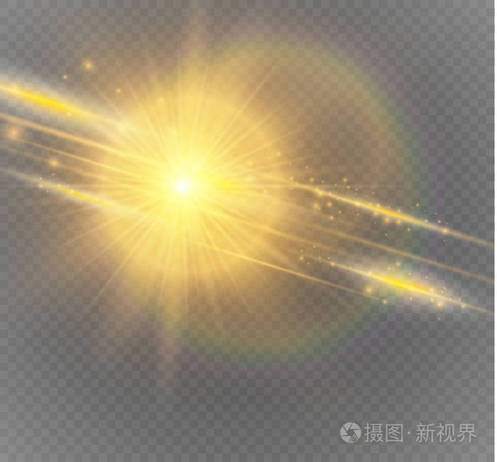 一组金色发光的灯光效果隔离在透明的背景.阳光闪烁的光芒和聚光灯