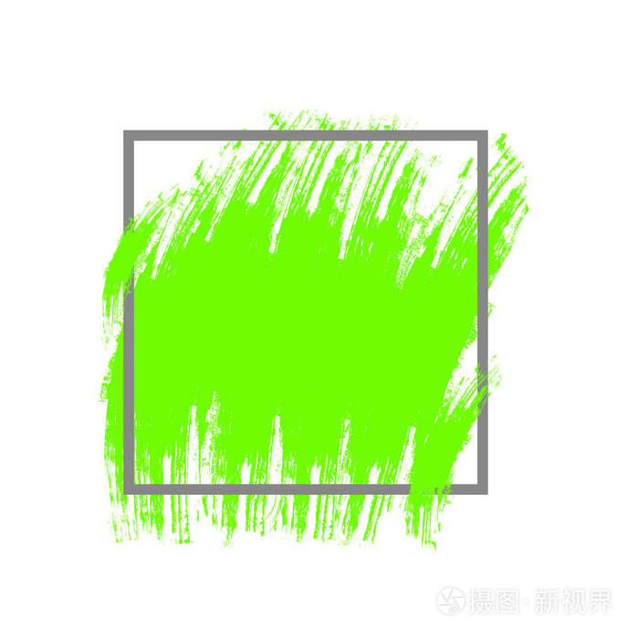抽象画笔描边绿色纹理和灰色几何框架。干粗边的孤立笔画