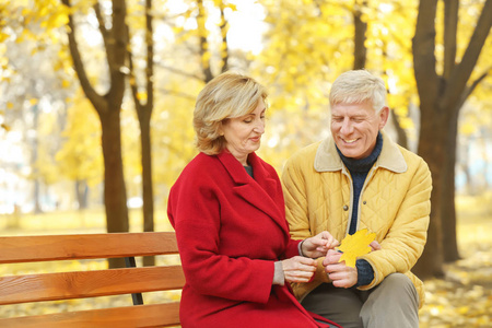 老夫妇坐在长凳上秋季公园