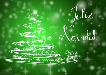 圣诞树在闪亮的绿色背景与文字 快活圣诞节 在西班牙语 洛费里兹巴拉德纳维达