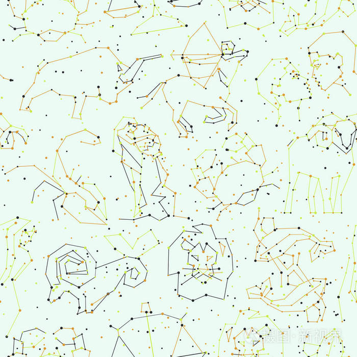 星座无缝模式, 所有十二生肖星座风格与线和星星在白色背景.