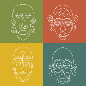 一套非洲民族部落面具的颜色背景。 。 白色线条图标。 仪式符号。