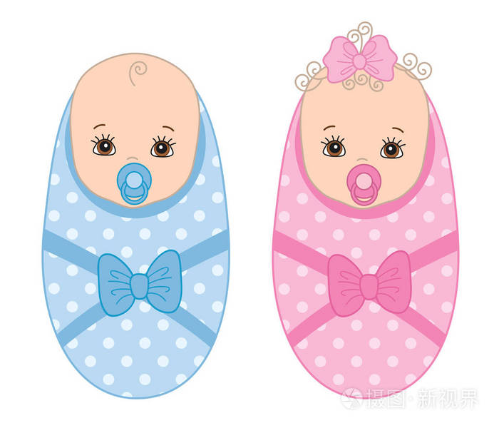 向量可爱的新生儿双胞胎矢量男婴矢量女婴