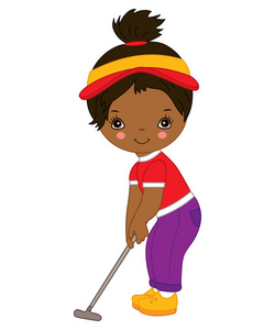 矢量可爱的小非洲裔美国女孩打高尔夫球