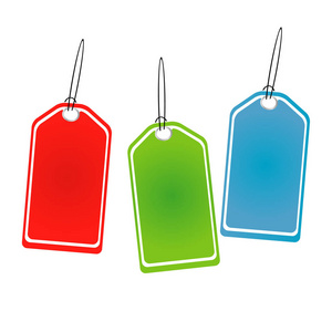 空白价格标签与红色蓝色和绿色颜色和绳索隔绝的背景