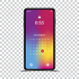 模板逼真的智能手机与渐变和屏幕锁定在透明的背景。带有渐变背景的 web 图标和日历集的电话