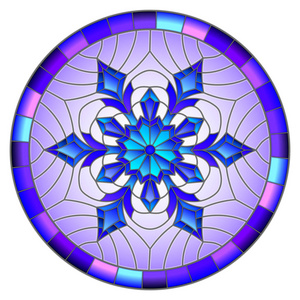 插图在彩色玻璃风格与雪花蓝色颜色在框架中,圆图像照片