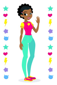少年矢量非洲裔美国女孩黑头发。字符.与白色背景隔绝。构建自己的设计。卡通平面式矢量插画