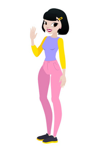 卡通平面式矢量插画青春期少女的黑发女孩.