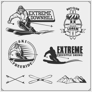 极端下坡和滑雪俱乐部标志标签和设计元素