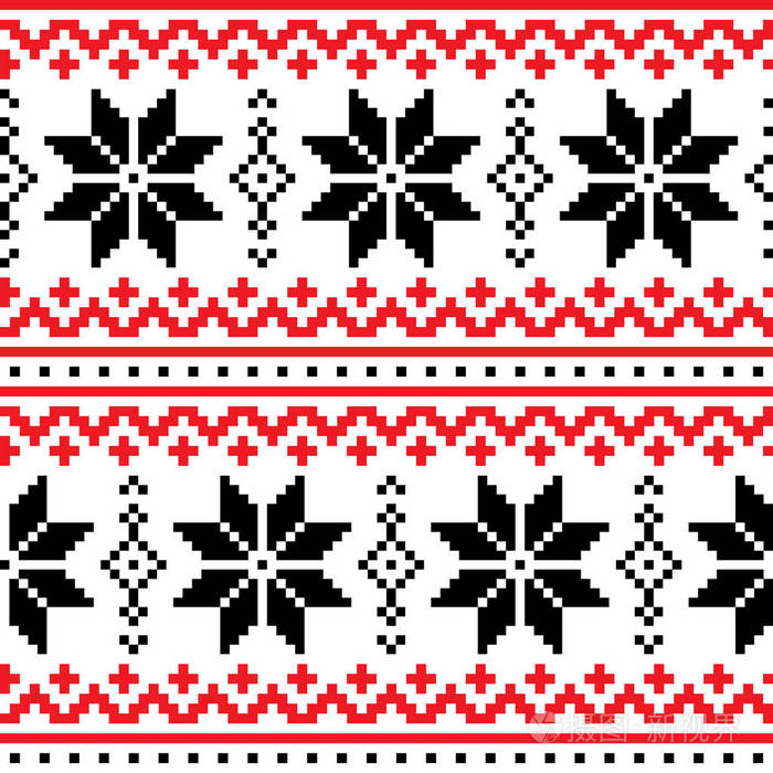 圣诞节, 冬季矢量无缝花纹雪花, 十字绣重复设计, 斯堪的纳维亚贺卡