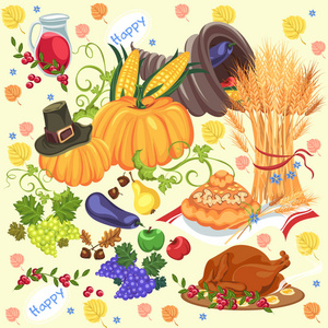 收获集, 有机食品, 如水果和蔬菜, 快乐的感恩节晚餐背景, 矢量插画收获与南瓜和栈的小麦耳朵, 蔓越莓浆果, 串葡萄