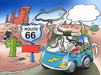一个快乐的 farver 或牛仔的卡通插图在美国的一条乡间小路上行驶