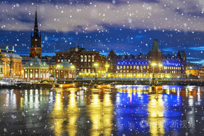 夜冬天斯德哥尔摩。瑞典
