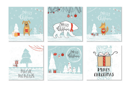 一套可爱的圣诞礼品卡，印有圣诞快乐和图案。 易于编辑的模板。 卡片海报T恤横幅的可爱插图。 新年设计元素