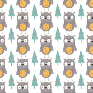与森林和猫头鹰的无缝假日模式。 手绘圣诞背景贺卡海报邀请儿童室托儿所装饰室内设计印花Skrapbook纺织品。