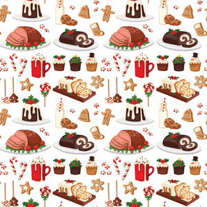 圣诞食品和甜点节日装饰圣诞节甜蜜庆祝矢量传统节日冬季蛋糕自制碟无缝模式背景
