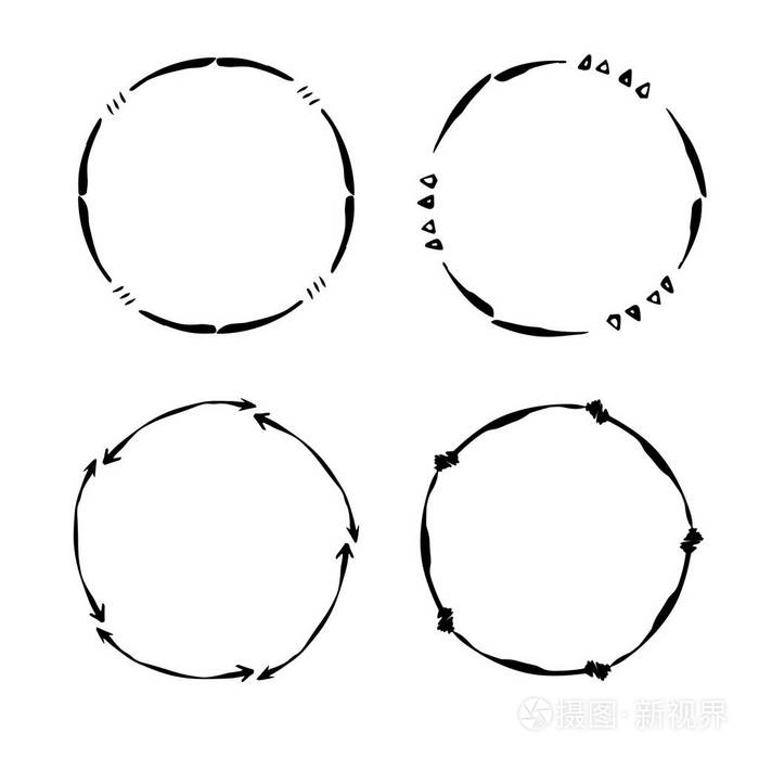 手绘创意圈的标志标签品牌。 一组圆形框架。 矢量图。