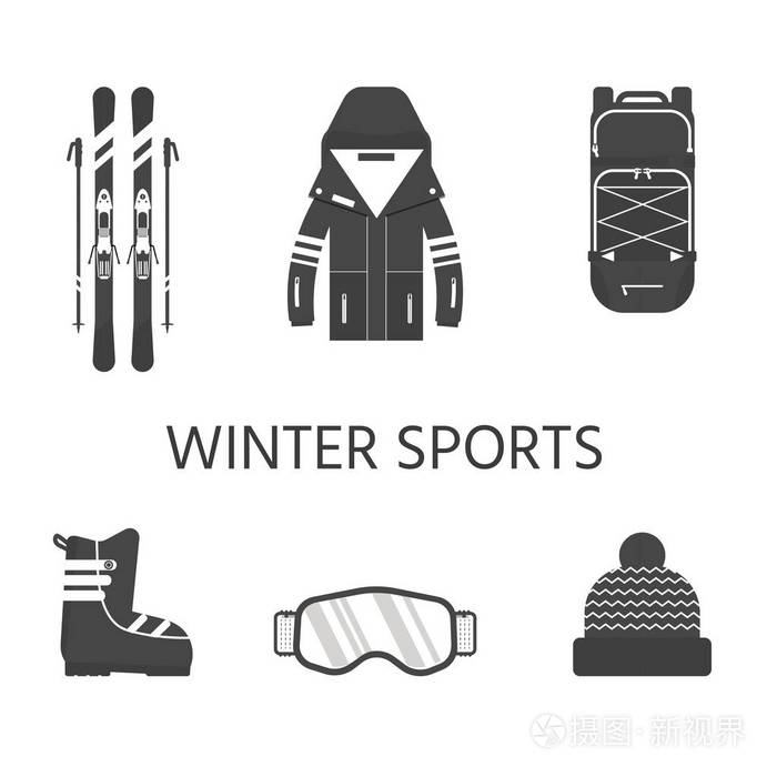 冬季运动图标收藏。 滑雪和滑雪板设置设备隔离在白色背景上的平面风格设计。 滑雪胜地图片山活动矢量插图元素。