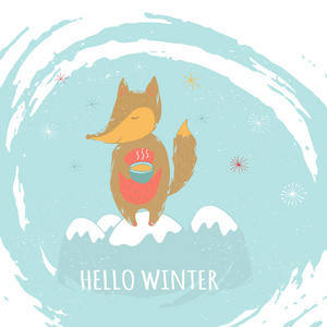 圣诞快乐，可爱的贺卡和狐狸的礼物。 手绘风格的海报，用于邀请儿童室托儿所装饰室内设计。