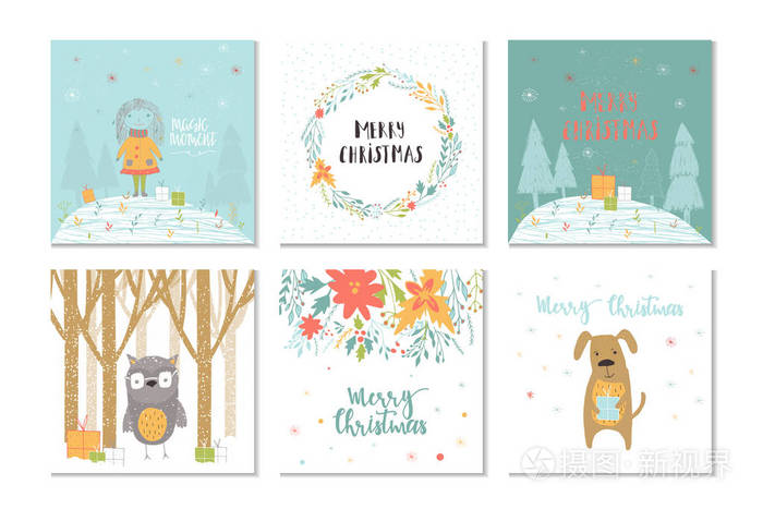 收集6张圣诞快乐可爱的贺卡与动物礼物和刻字。 手绘风格的海报，用于节日邀请儿童室托儿所装饰室内设计。 矢量图。