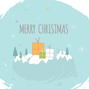 圣诞快乐，可爱的贺卡和森林和礼物。 手绘风格的海报，用于邀请儿童室托儿所装饰室内设计。